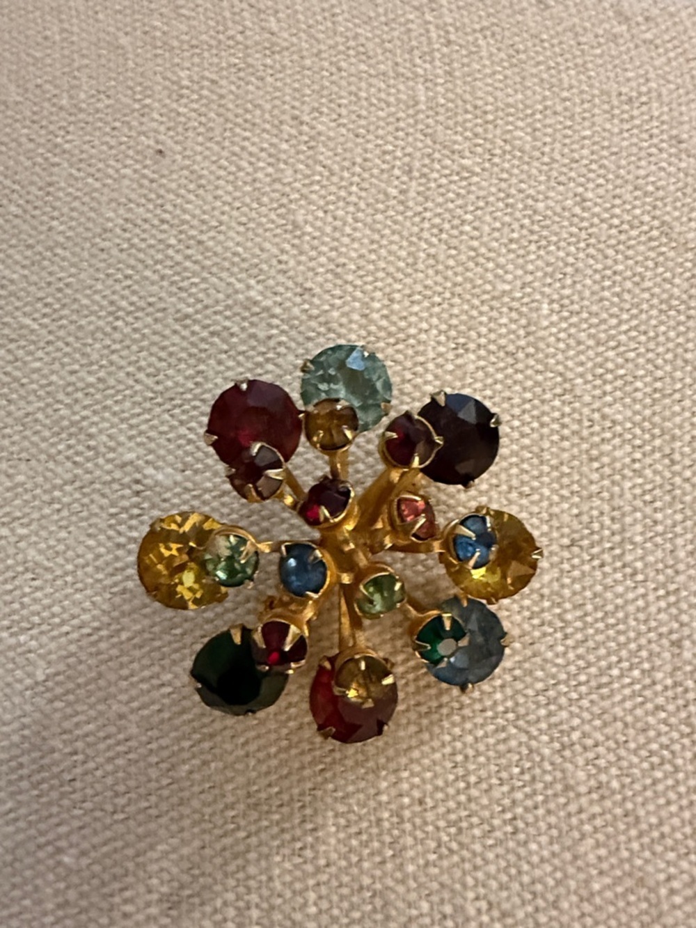 Vintage Floral Multicolor Rhinestone Prong Set Riveted Back Brooch.